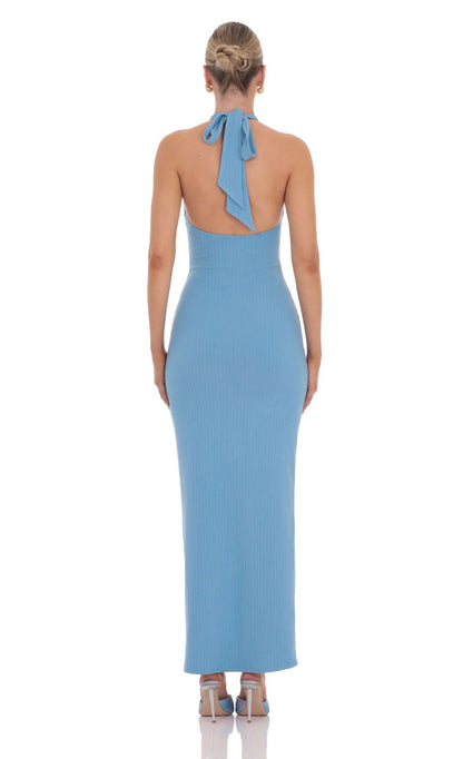 Lucy In The Sky Ribbed Keyhole Maxi Dress in Blue