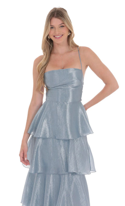 Lucy In The Sky Crinkle Sheen Maxi Dress in Slate Blue