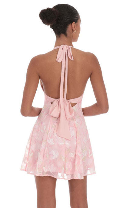 Lucy In The Sky Floral Halter Open Back Dress in Pink