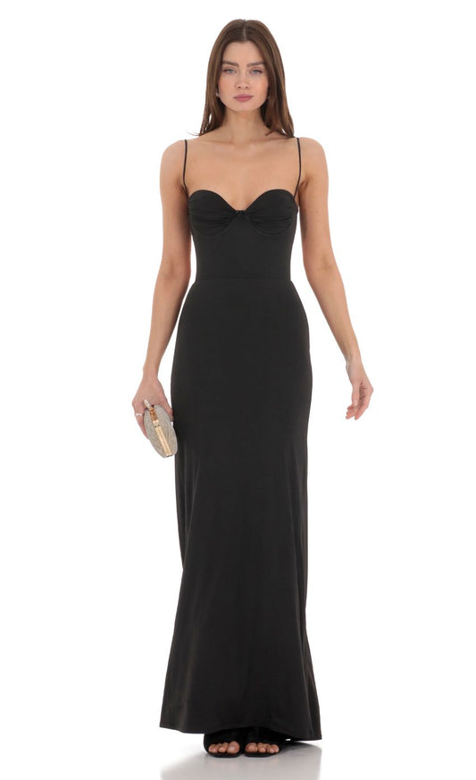 Lucy In The Sky Open Back Mermaid Maxi Dress in Black