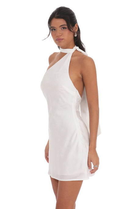 Lucy In The Sky Satin Jacquard Scarf Halter Dress in White
