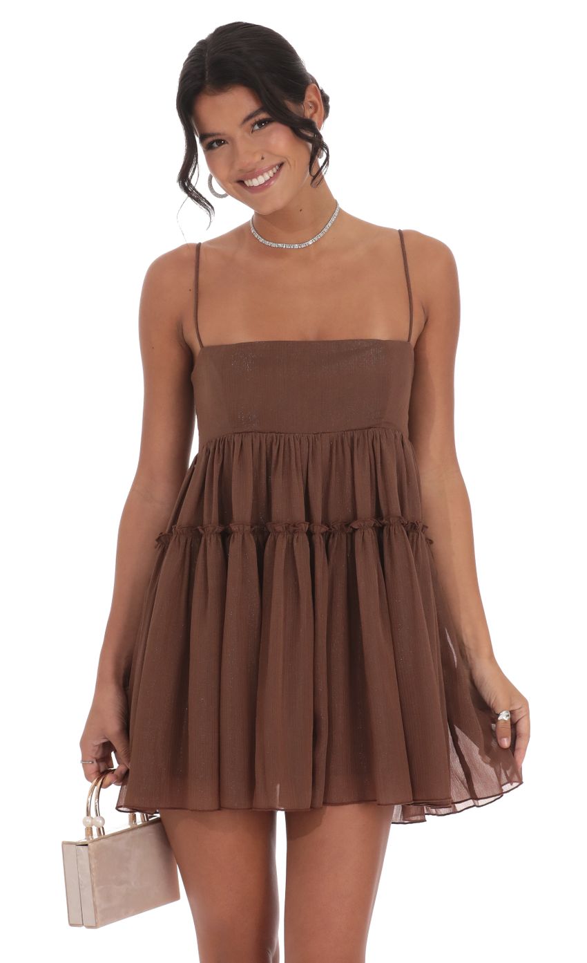 Lucy In The Sky Shimmer Babydoll Dress in Brown