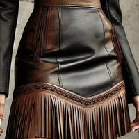 Ursime PU Leather High Rise Fringe Hem Mini Skirt