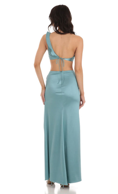 Lucy In The Sky Satin Ruffle Two Piece Set in Blue