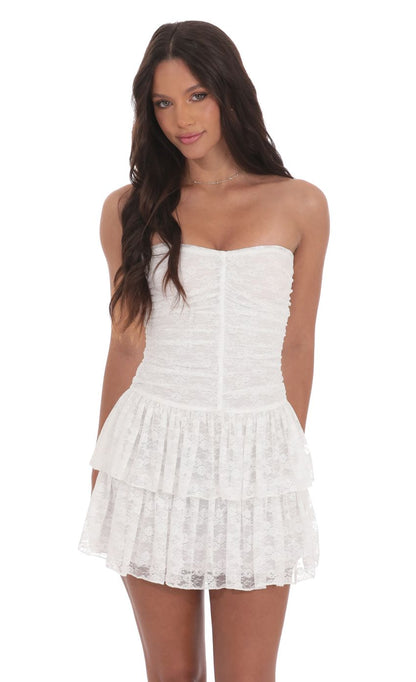 Lucy In The Sky Lace Strapless Ruched Ruffle Dress in White