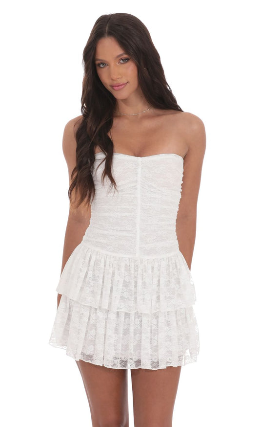 Lucy In The Sky Lace Strapless Ruched Ruffle Dress in White
