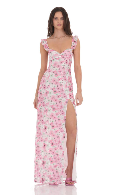 Lucy in the Sky Lace Floral Ruffle Sleeve Maxi Dress in Pink and White