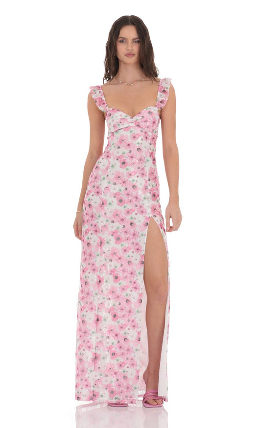 Lucy in the Sky Lace Floral Ruffle Sleeve Maxi Dress in Pink and White