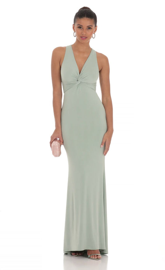 Lucy in the Sky Front Twist V-Neck Maxi Dress in Sage
