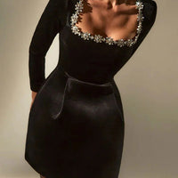 Ursime Elegant Velvet Rhinestone Square Neck Long Sleeve Mini Dress