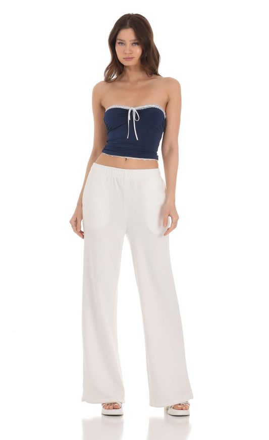 Lucy in the Sky Strapless White Lace Top in Navy