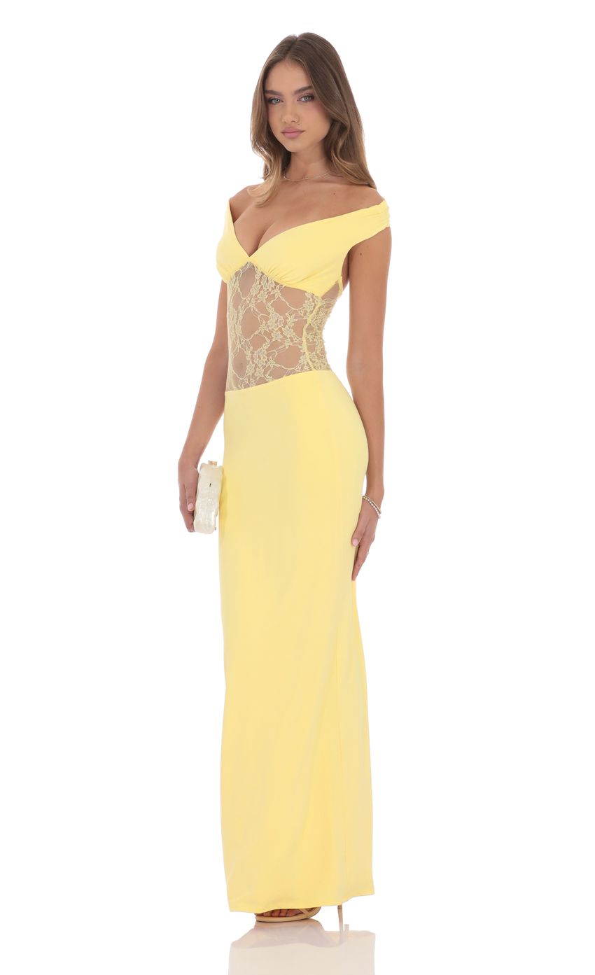 Lucy In The Sky Off Shoulder Lace Cutout Maxi Dress in Yellow