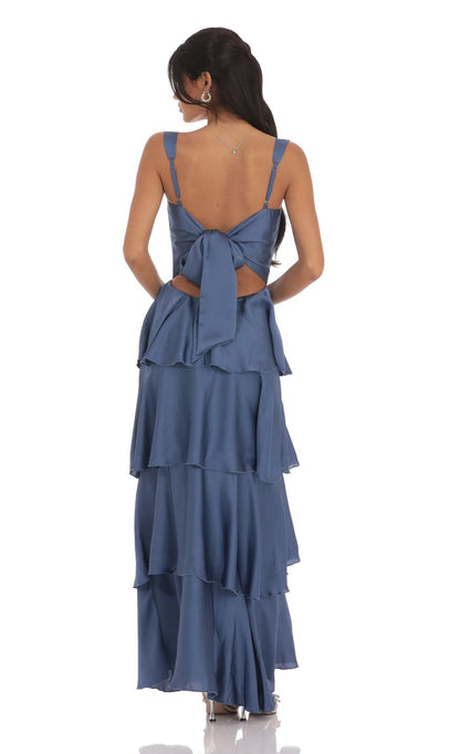 Lucy In The Sky Satin Ruffle Maxi Dress in Slate Blue