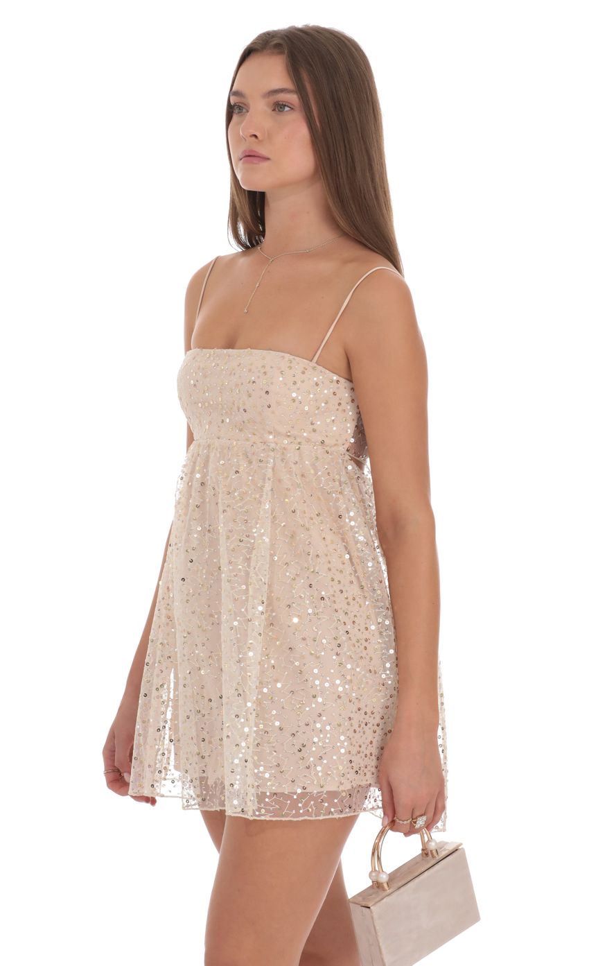 Lucy In The Sky Sequin Baby Doll Dress in Beige
