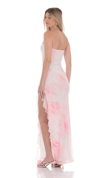 Lucy in the Sky Tie Dye Mesh Ruffle Slit Maxi Dress in White
