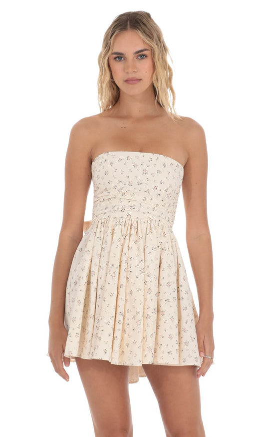 Lucy In The Sky Floral Strapless A-line Dress in Cream