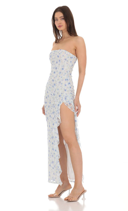 Lucy in the Sky Strapless Floral Lace Ruffle Slit Dress in Pastel Blue