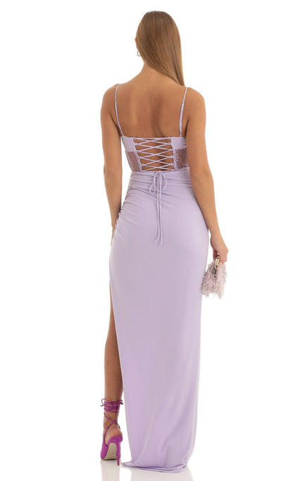 Lucy in the Sky Cutout Glitter Corset Maxi Dress in Purple