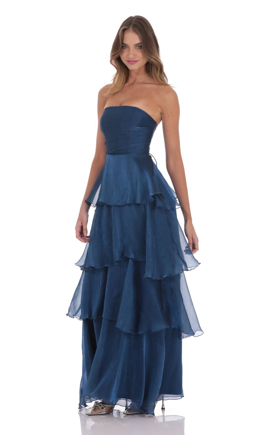 Lucy In The Sky Corset Ruffle Strapless Maxi Dress in Navy