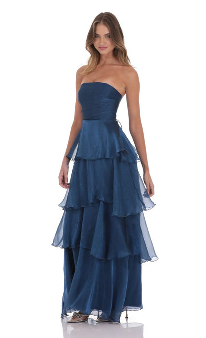 Lucy In The Sky Corset Ruffle Strapless Maxi Dress in Navy
