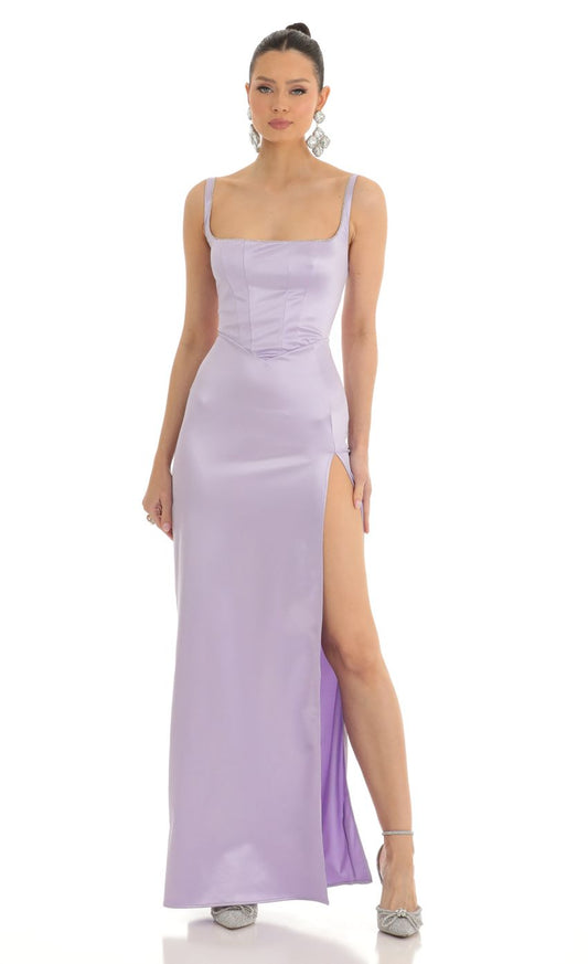 Lucy in the Sky Satin Rhinestone Maxi Dress in Lilac