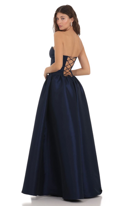 Lucy in the Sky Corset Strapless Gown Dress in Navy