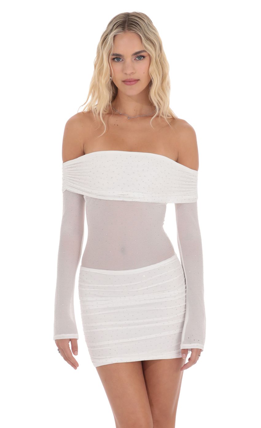Lucy In The Sky Rhinestone Mesh Off Shoulder Dress in White