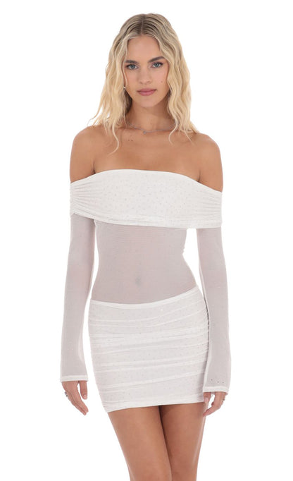 Lucy In The Sky Rhinestone Mesh Off Shoulder Dress in White