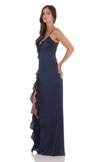 Lucy in the Sky Ruffle V-Neck Maxi Dress in Navy