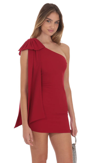 Lucy In The Sky One Shoulder Bow Dress in Red