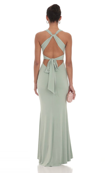 Lucy in the Sky Front Twist V-Neck Maxi Dress in Sage