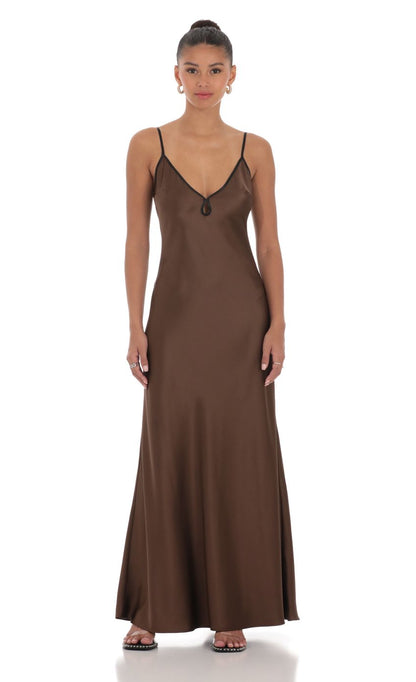 Lucy in the Sky Satin Shift Maxi Dress in Brown