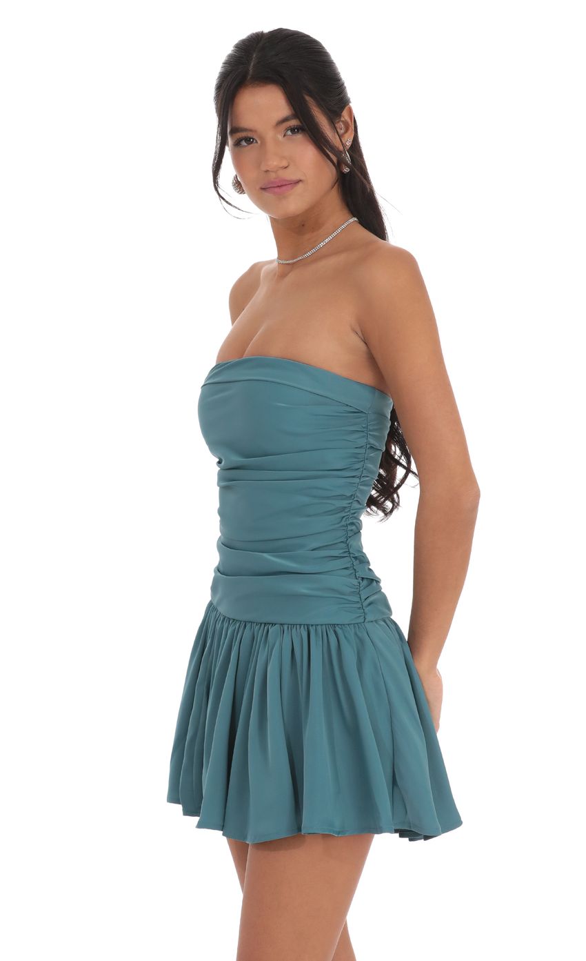 Lucy in the Sky Strapless Ruched Flare Dress in Blue Teal