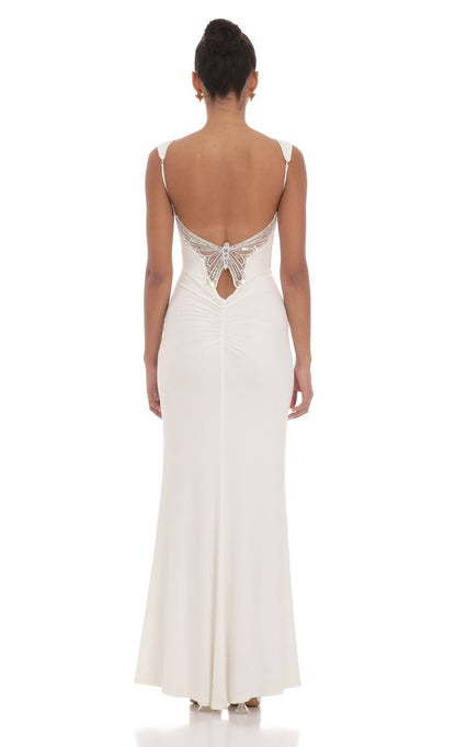 Lucy in the Sky Back Sequin Butterfly Maxi Dress in White