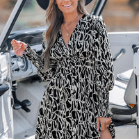 Cupshe Abstract V- Neck Smocked Waist Long Sleeve Mini Dress