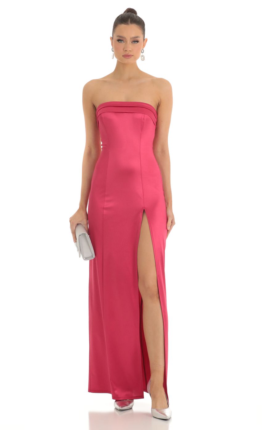 Lucy in the Sky Satin Pleated Strapless Maxi Dress in Cherry