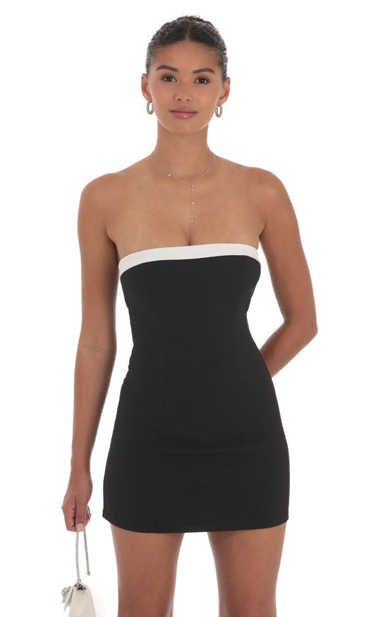 Lucy In The Sky White Trim Strapless Dress in Black