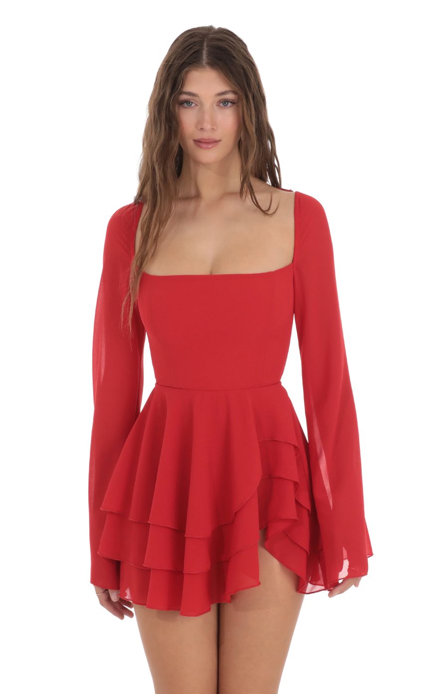 Lucy In The Sky Chiffon Bell Sleeve Dress in Red