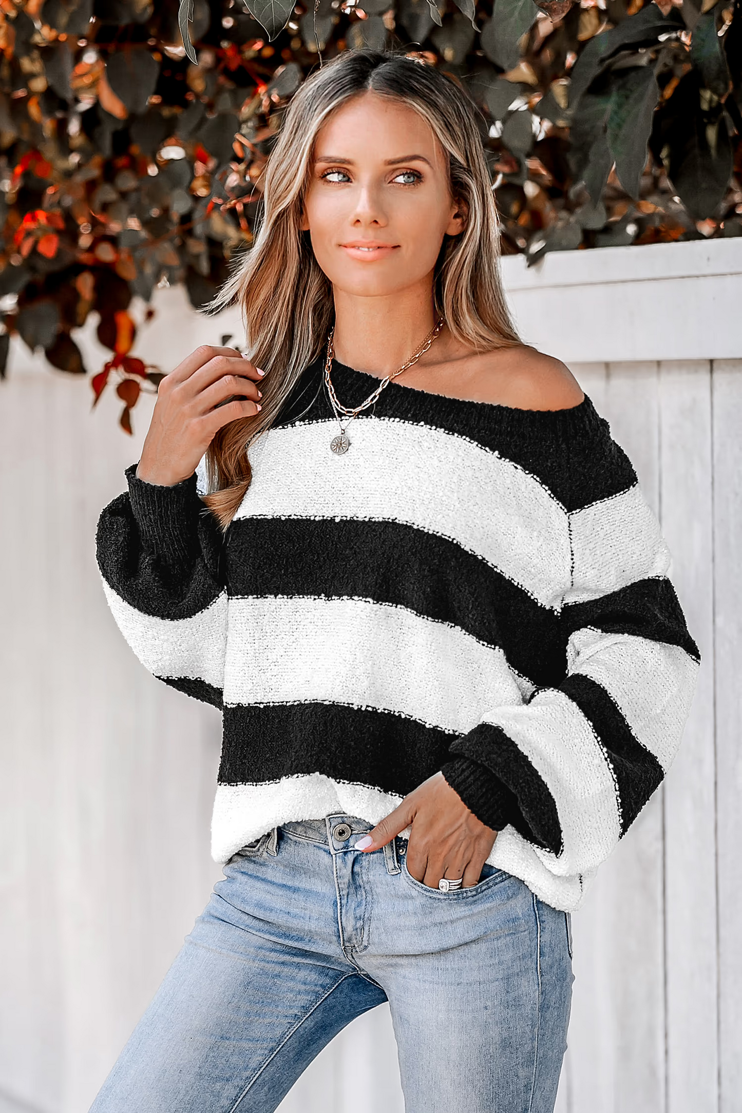 Cupshe Striped Raglan Sleeve Fuzzy Knit Sweater (x2)