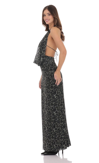 Lucy In The Sky Plunge Cowl Neck Maxi Dress in Cheetah Print
