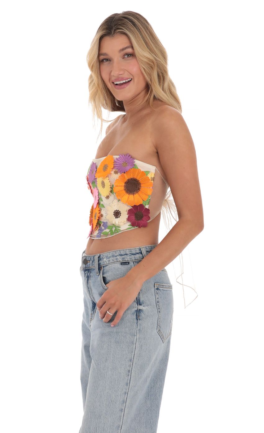 Lucy in the Sky 3-D Flower Strapless Top in Cream