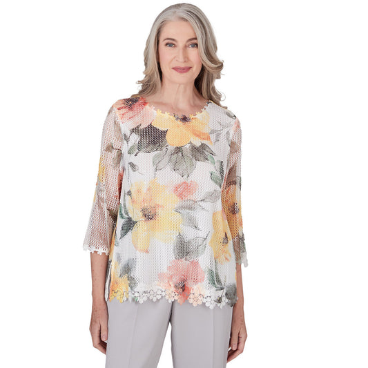 Alfred Dunner Women's Watercolor Floral Mesh Top