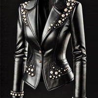 Ursime Lapel Collar Two Button Pearl Decor PU Leather Jacket