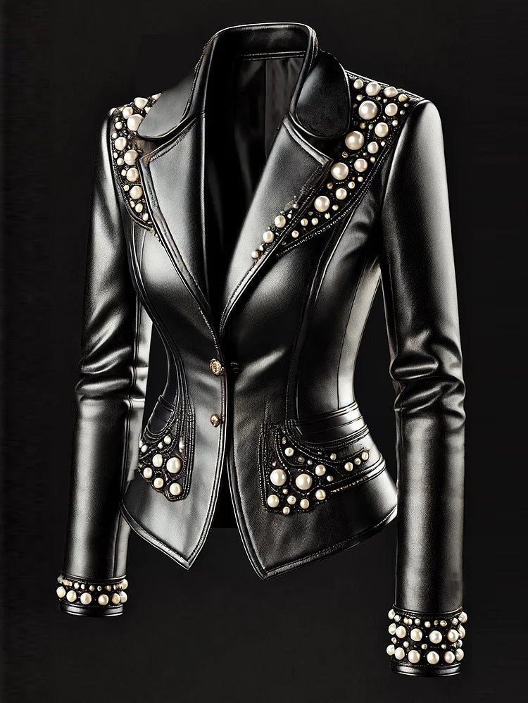 Ursime Lapel Collar Two Button Pearl Decor PU Leather Jacket