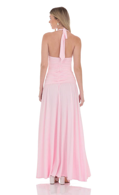 Lucy In The Sky Halter Drop Waist Maxi Dress in Pink