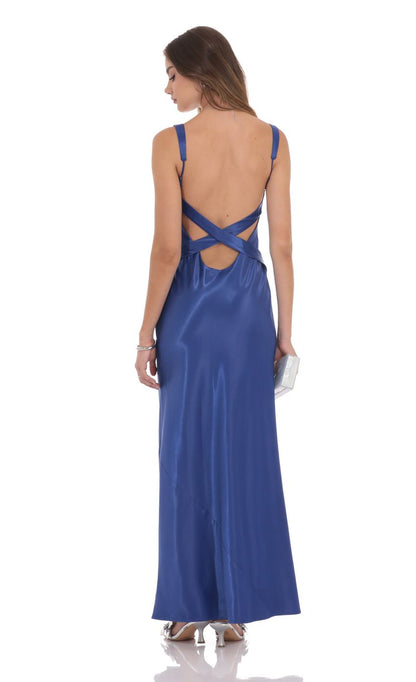 Lucy In The Sky Satin Open Back Maxi Dress in Royal Blue
