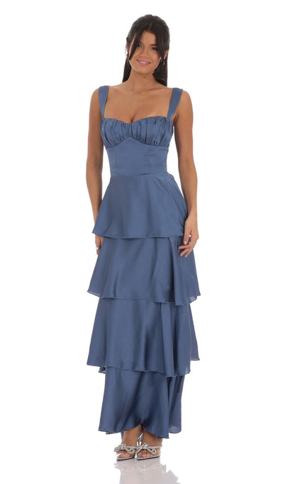 Lucy In The Sky Satin Ruffle Maxi Dress in Slate Blue