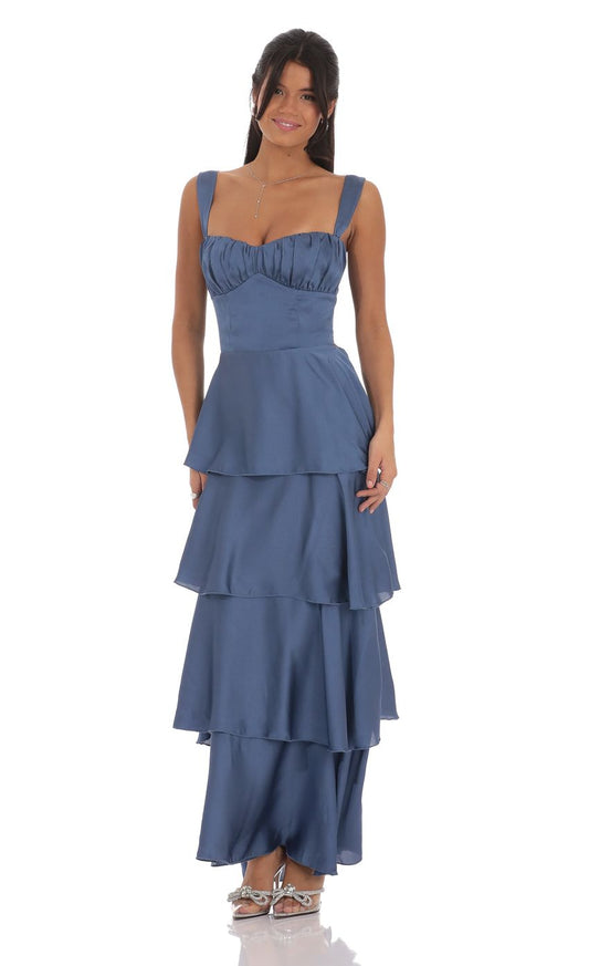 Lucy in the Sky Satin Ruffle Maxi Dress in Slate Blue