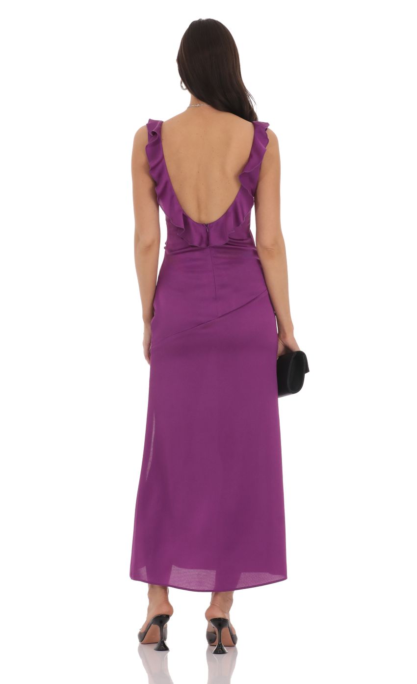 Lucy In The Sky Satin V-Neck Open Back Maxi Dress in Purple