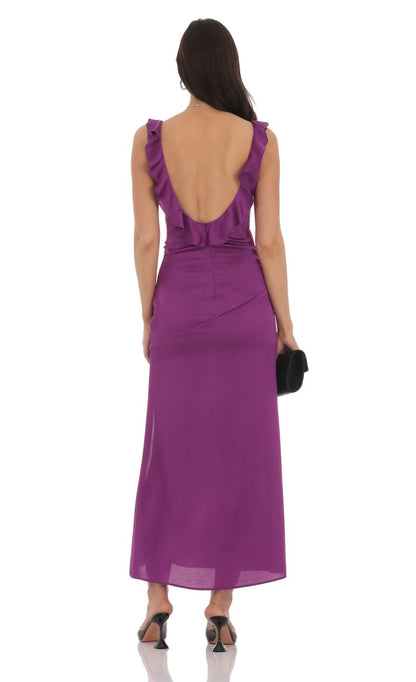 Lucy In The Sky Satin V-Neck Open Back Maxi Dress in Purple